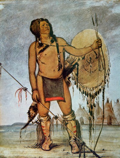 拿着盾牌、长矛和弓箭的科曼奇战士，约1835年（彩色平版印刷）。 作者 乔治·卡特琳