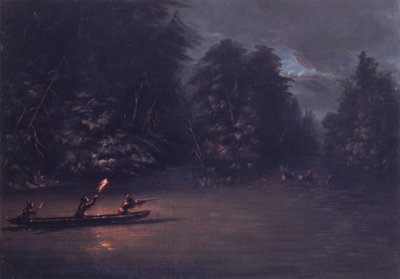 1846-1848年，在树皮独木舟上用火把照明打猎的鹿。 作者 乔治·卡特琳