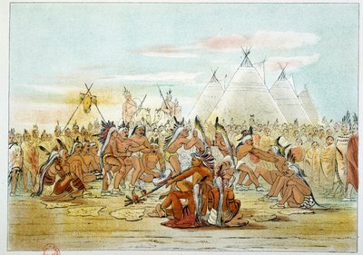 美国的印第安人。Assiniboin部落类似于苏族人的烟斗舞。乔治-卡特林（1794-1872）的插图 作者 乔治·卡特琳