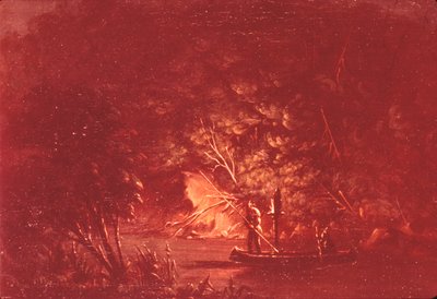 奥吉布韦人在火炬灯下捕猎鲑鱼，1846-1848。 作者 乔治·卡特琳