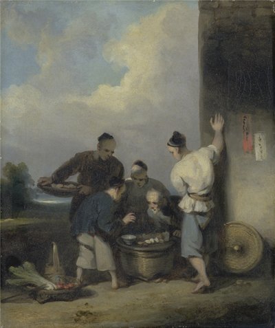 1825年后，苦力环绕食品供应商的摊位（布面油画） 作者 乔治·钦纳里