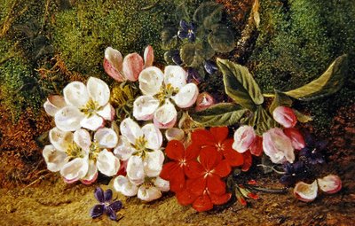 苔岸边的花和天竺葵（布面油画） 作者 乔治·克莱尔