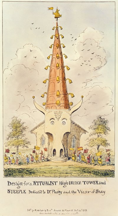 设计一个仪式主义高塔和尖塔，致力于Pusey博士和布雷牧师，1868年（打印） 作者 乔治·克鲁克申克