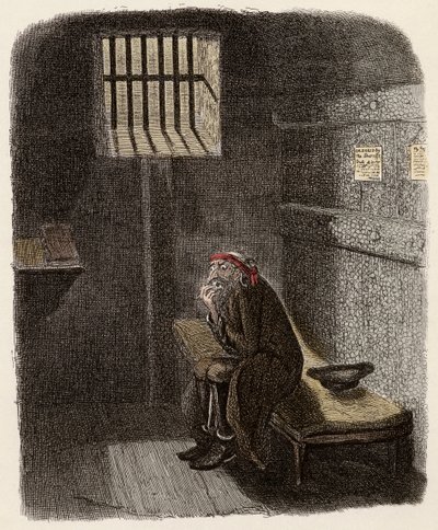 法金在他的死刑牢房里--法金在死刑牢房里--查尔斯-狄更斯（1812-1870）的《奥利弗-特威斯特》（The Adventures of Oliver Twist）的插图，作者是乔治-克鲁克尚克（1792-1878）。 作者 乔治·克鲁克申克