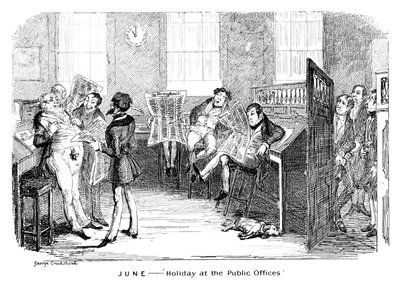 6月-在公共办公室度假，c1836。 作者 乔治·克鲁克申克