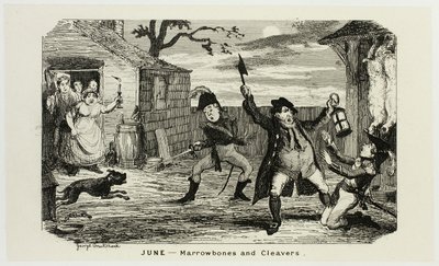 六月 - George Cruikshank 为《漫画年鉴》绘制的钢板蚀刻版画中的骨髓和菜刀：1835-1853 作者 乔治·克鲁克申克