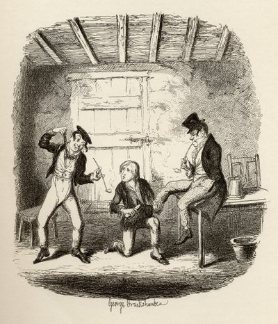 贝茨大师解释了一种专业的技术性，来自查尔斯·狄更斯（1840-70）1838年的“奥利弗·特威斯特历险记”，由查普曼和霍尔出版，1901年 作者 乔治·克鲁克申克