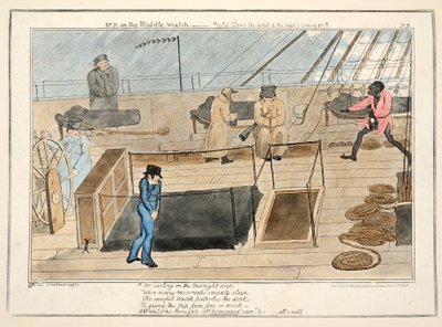 B先生在中间的手表上 - 冷风和雨水吹来，来自The Midshipman，pub.1835（手工彩色雕刻） 作者 乔治·克鲁克申克