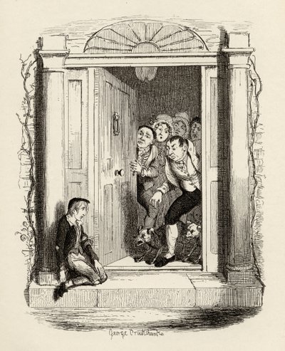 Oliver Twist在Maylie夫人的门口，来自查尔斯狄更斯（1812-70）1838年的“奥利弗·特威斯特历险记”，由Chapman und Hall出版，1901年 作者 乔治·克鲁克申克
