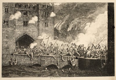 托马斯·怀特爵士从伦敦塔酒吧攻击By Ward Tower。 1840 作者 乔治·克鲁克申克