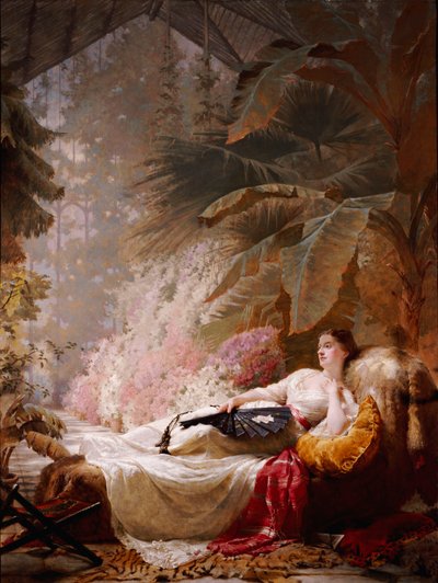 阿德莱德·玛丽亚·吉尼斯的肖像，斜倚在音乐学院的沙发上，1885年 作者 乔治·埃尔加·希克斯