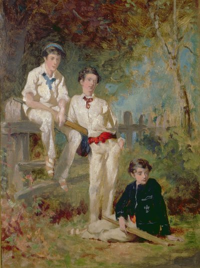 三个年轻的板球运动员，c.1883（石油卡） 作者 乔治·埃尔加·希克斯