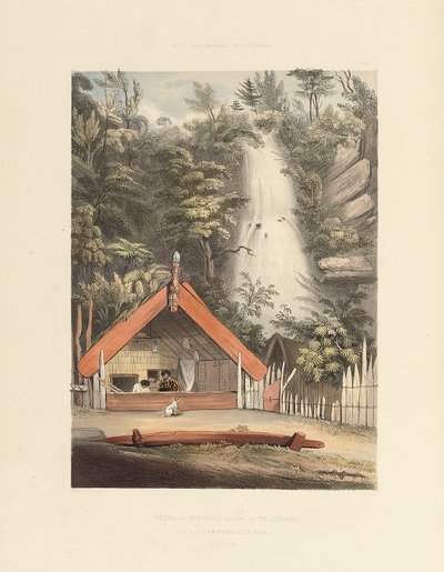 希努考（Hewikau）宫，亨努（Huneeu）的母亲和科威希瀑布（Ko Waihi Falls）在蒂拉帕（Te Rapa），摄于21847年，《新西兰人画报》，第21页 作者 乔治·法国·安加斯