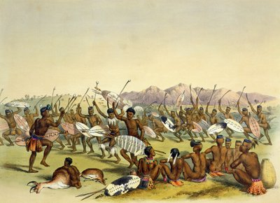 Zulu狩猎舞蹈靠近Engooi山脉，1849年的“The Kafirs Illustrated”中的第14块 作者 George French Angas