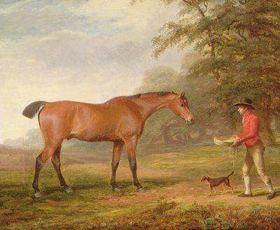 1789年，由一个稳定的小伙子与食物和一个挂脖接近的海湾马 作者 George Garrard