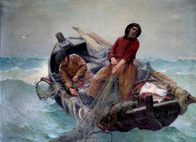 在公海钓鱼。 Georges Haquette (1854-1906) 的绘画 作者 乔治·哈奎特