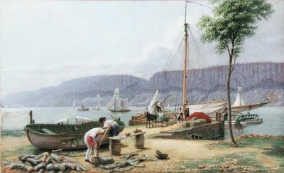 下午 - 黑斯廷斯登陆。阴影中的帕利塞德岩石，纽约，约1836年（纸上水彩、水粉和石墨）。 作者 乔治·哈维