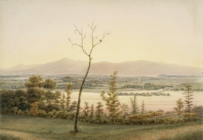 1840年，纽约哈德逊东岸的早期暮光之城，卡茨基尔卡茨基尔着陆和山脉（水彩，石墨，选择性玻璃，水粉和纸上划痕 作者 乔治·哈维
