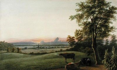 日出--从纽约长岛绿林墓地看弗莱布什和海洋，约1830-40（纸上水彩、水粉和石墨）。 作者 乔治·哈维