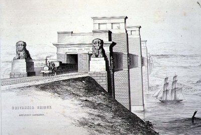 大不列颠桥，安格尔西岛的入口，由艺术家雕刻，出版。1849年（平版）（彩色版见122445）。 作者 乔治·霍金斯