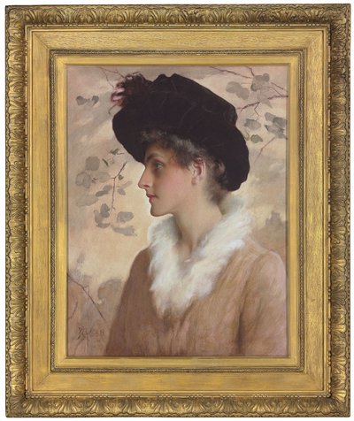 半身长，戴着黑帽子和皮草披肩的女士肖像，1888年 作者 乔治·亨利·布顿