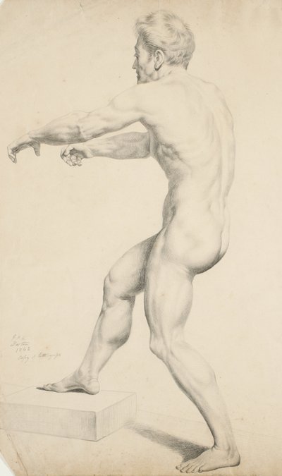 无题 - 男性裸体从石版画中复制，1842年（浅黄色纸上的石墨） 作者 乔治·亨利·霍尔