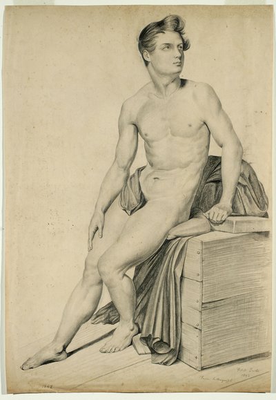 无题 - 男性裸体从石版画中复制，1842年（浅黄色纸上的石墨） 作者 乔治·亨利·霍尔