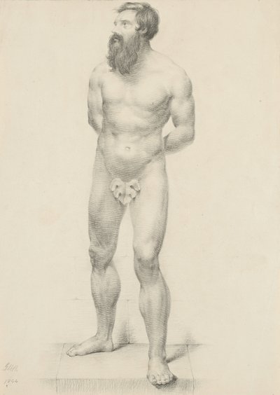 无题 - 站立的男性裸体与无花果叶，1844年（石墨在浅黄色的纸上） 作者 乔治·亨利·霍尔