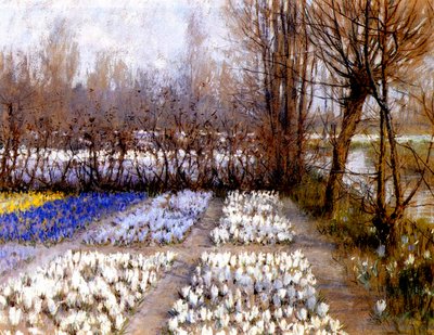 春天的Crocus Field，c.1889（纸上粉彩） 作者 乔治·希区柯克