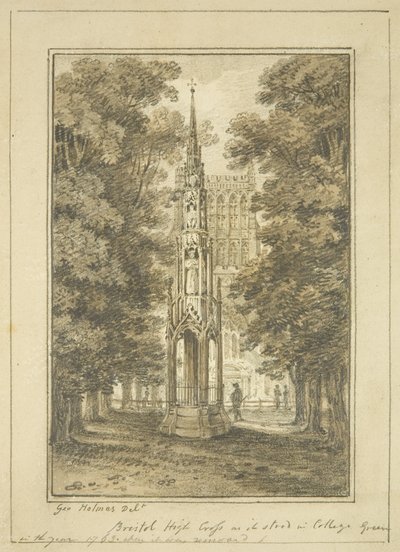 1763 年位于 College Green 的布里斯托尔高十字（纸上铅笔和水彩） 作者 乔治·福尔摩斯