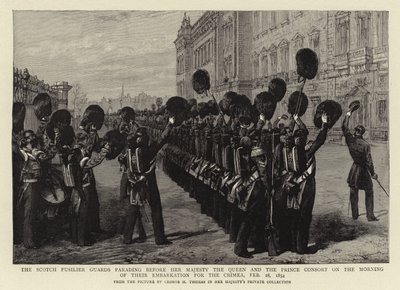 1854年2月28日，在克里米亚登船的早晨，女王陛下和王子陛下游行的苏格兰福斯利尔卫兵游行 作者 乔治·侯斯曼·托马斯
