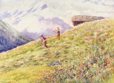 七月中旬在尚佩斯（Champex）收割干草（彩色石版画 作者 乔治·杰克逊·弗莱姆威尔