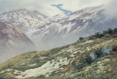 来自 Le Planet 的 Col De Balme，位于 Argentiere 上方（彩色石版画） 作者 乔治·杰克逊·弗莱姆威尔