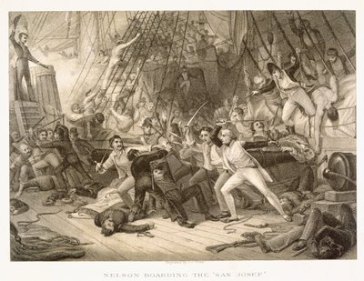 Horatio Nelson于1797年2月14日在圣文森特角战役中登上圣约瑟夫，在格林威治医院收藏后由John Crew雕刻 作者 乔治·琼斯