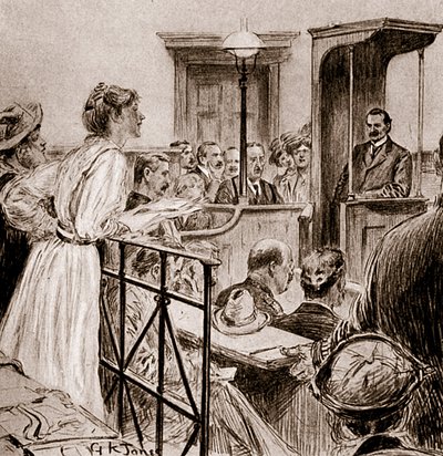 克里斯塔贝尔·潘克赫斯特小姐质疑赫伯特·格拉德斯通先生，1909年（绘画） 作者 乔治·金斯顿·琼斯