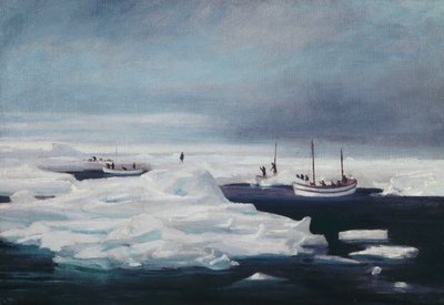 1916年4月，詹姆斯·凯德（James Caird），达德利·泊克（Dudley Docker）和斯坦科姆·威尔斯（Stancomb Wills）停泊在韦德尔海的浮冰上 作者 乔治马斯顿