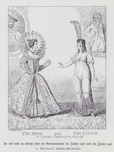 太多和太少，1556 年和 1796 年的夏季服装（石版画） 作者 乔治·穆塔德（后）伍德沃德