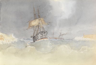 1852 年 2 月 9 日，"特拉法加 "号驶入马耳他港，大风过后舵头失灵。 作者 乔治·佩切尔·门兹