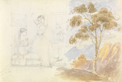 两个年轻女子的素描，一个坐着看书，另一个伸懒腰打哈欠（由 Lord Bury 绘制），旁边画着一棵树 作者 乔治·佩切尔·门兹