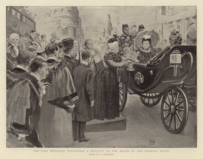 The Lady Mayoress在Mansion House向女王赠送花束 作者 George Percy Jacomb Hood
