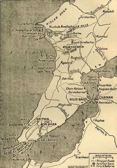 加里波利半岛地图，1919年。 作者 乔治·菲利普父子有限公司