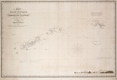 南设得兰岛（包括加冕岛）海图，来自乔治-鲍威尔（George Powell）指挥官于 1821 年和 1822 年驾驶单桅帆船 "鸽子号 "进行的勘探。 作者 乔治·鲍威尔