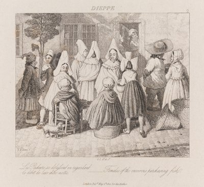 妇女购买鱼，迪耶普，约1821年（蚀刻） 作者 乔治·罗伯特·刘易斯