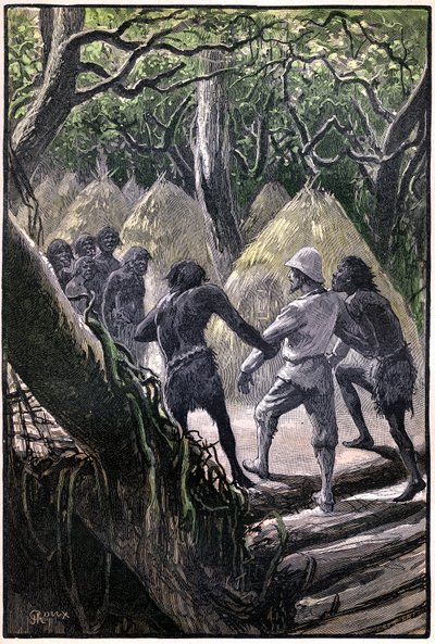 乔治-鲁为儒勒-凡尔纳的著作《空中村落》（1901 年）绘制的插图，赫策尔版/《非凡的旅行，已知和未知的世界》。探险家抵达栖息在 Wagddis（刚果森林中的猴子）树上的村庄 作者 乔治·鲁克斯