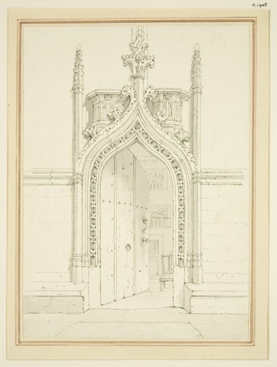 St Mary Redcliffe Vestry Room 的门口，约 1812 年（纸本铅笔和水彩） 作者 乔治·谢泼德
