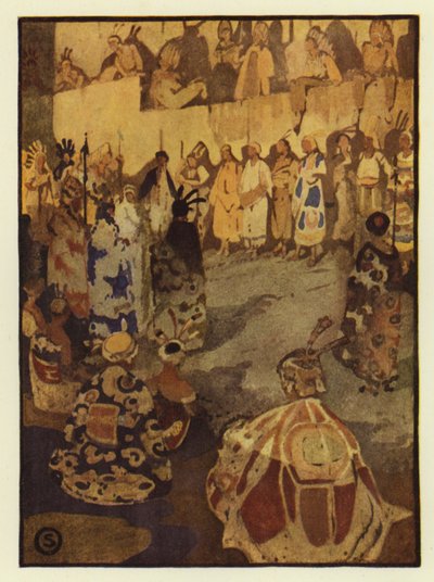 巨大的法庭帐篷里挤满了 Glooskap 的人来接受太阳的审判（彩色石版画） 作者 乔治·谢林汉姆