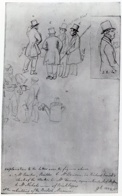 重建大英博物馆的建筑商和测量员，1844年（铅笔在纸上） 作者 乔治·斯尼·夏普
