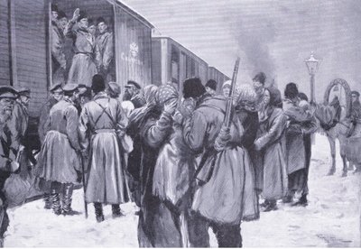 俄罗斯军队远东出发，插图来自卡塞尔斯的日俄战争历史第1卷，c.1900 作者 乔治·索珀