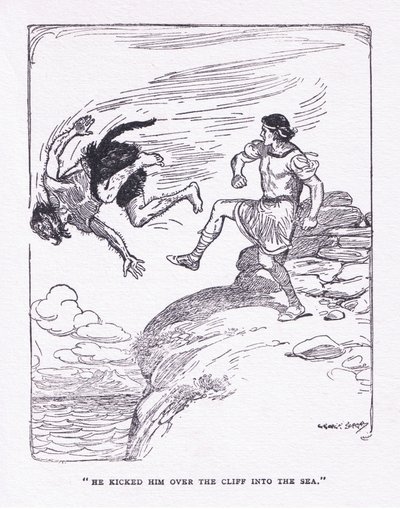 他将他踢下海中的悬崖，出自 George Allen 和 Unwin 1929 年出版的 The Heroes（彩色石版画） 作者 乔治·索珀