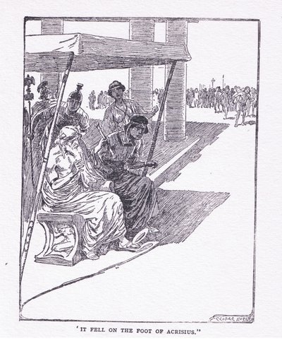 它落在了Acrisius脚下，来自George Allen和Unwin 1929年出版的The Heroes 作者 乔治·索珀